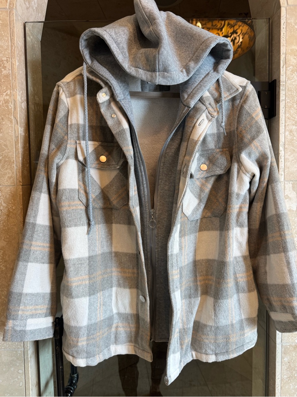 Altered State Cozy Hooded Plaid Shacket - Gray & Cream